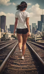 the girl walks down the train tracks