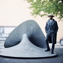 a man in hat and business suit standing near modern sculpture