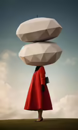 a woman wearing a red dress carrying stacked rocks on her head
