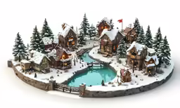 a snow scene with houses and a pond surrounded by trees