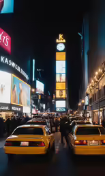 many people on city street at night with billboards
