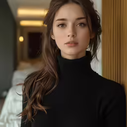 a beautiful young woman leaning on a wooden wall