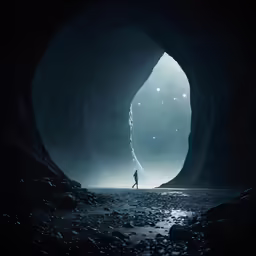 a person stands in a cave on the edge of a body of water