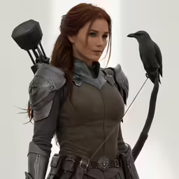 the girl with the bird on her shoulder holding a bow