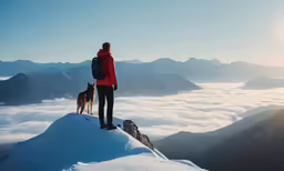 a person and a dog stand on a mountaintop