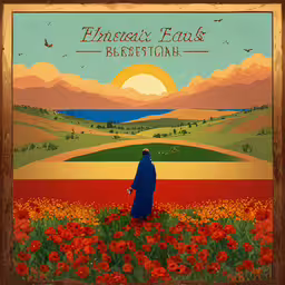 a woman is standing in a field with flowers,the poster shows a person standing in a flower field