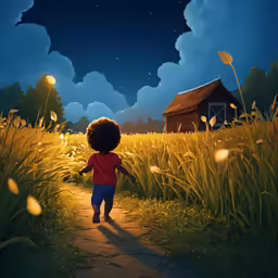 a child walks in a field of grass and wheat