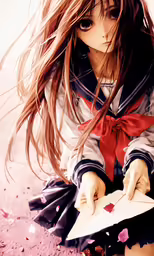 a girl in a school uniform has a card on her hand