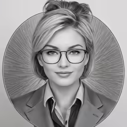 a black and white image of a woman in glasses
