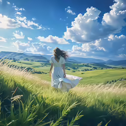 a woman with long hair walking through the grass