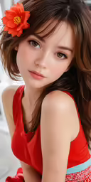 an adorable asian girl in red wearing a flower in her hair