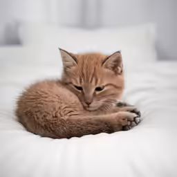 a brown kitten with a sad look lying on a white bed