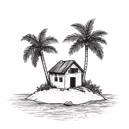a small house with two palm trees on the beach