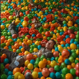 two people lying on the ground in an outdoor display with many colored fruit