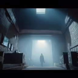 a dark room filled with stacks of crates
