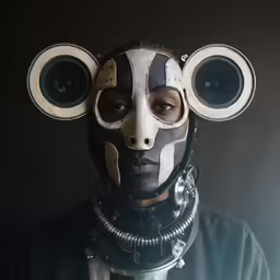 a person in a weird mask with speakers on their head
