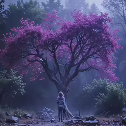 a child standing under the pink flowers of a tree
