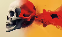 two skulls face each other and have red, white and blue smoke coming out of them