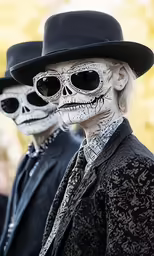 two skull like people wearing black clothes and hats