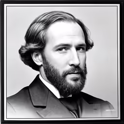 this is a black and white photo of a man with a beard