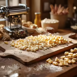 a wood table holding a cutting board with cut up corn on it