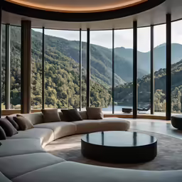 a living room with mountain view, sectional couch and table