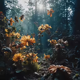 some yellow flowers are on some rocks and grass