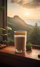 a cup of drink sitting next to a window