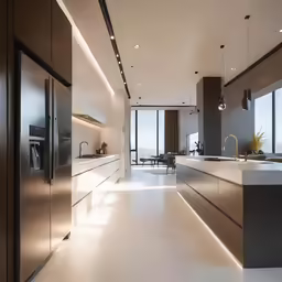 a modern kitchen with a very large open floor plan
