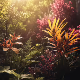 the photo of sunlight shining through a garden with colorful plants