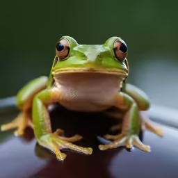 a frog with large brown eyes sitting on the lid