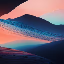 an abstract painting of hills and mountains with lines on it,mountains and water with an abstract painting in the background