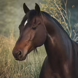 a brown horse standing in front of some tall grass