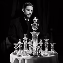 man standing behind table covered with crystal vases