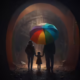 there are two people holding an umbrella in the dark