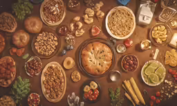 many different kinds of foods on a wooden table