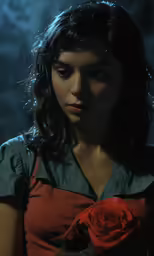 a woman is in the dark with a rose in her hand