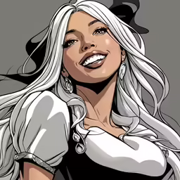 a woman in black and white outfit with long hair