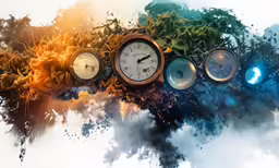 an assortment of clocks placed together in the clouds