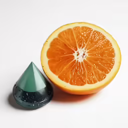 an orange cut in half with a cone and liquid