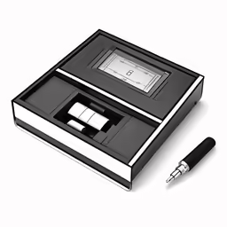 a black and white box with an electronic device inside
