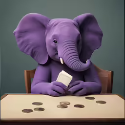 an elephant sitting at a table with money