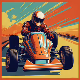 a man driving an orange racing car down a race track,a car with an orange background and a person riding on top of it