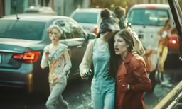 two young women and a man walk in front of a car