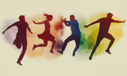 four people are silhouetted against a multi - colored smoke scatter