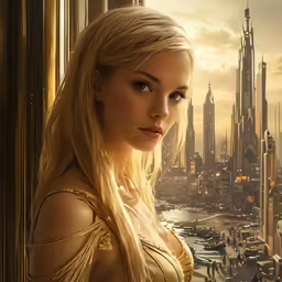 a beautiful blonde in gold dress looking out over a city