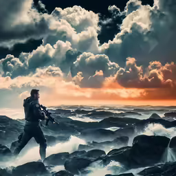 a man with a gun standing on the rocks in the ocean