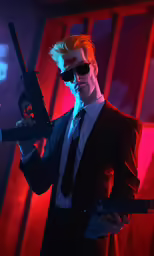 a man in a black suit and sunglasses holding a gun