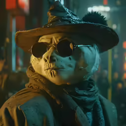 a scary skeleton wearing a hat and sunglasses