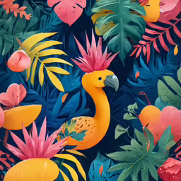 bright, colorful tropical birds with big leaves